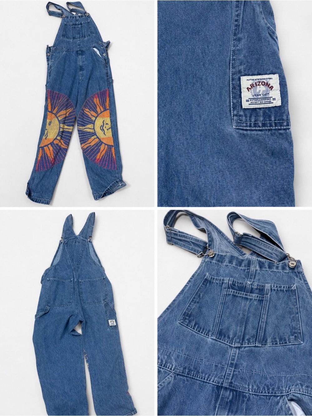 Arizona Jean Company Blue Denim Overalls with Colorful Sun Graphics
